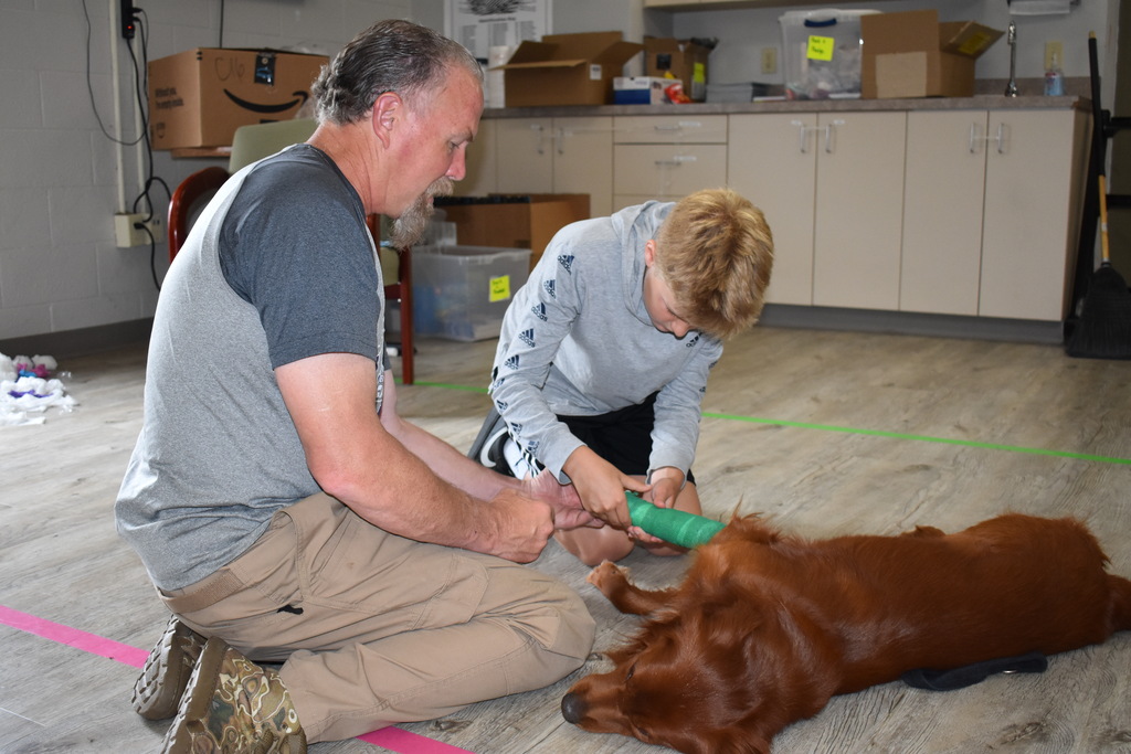 A student and teacher putting gauze on a dog's leg
