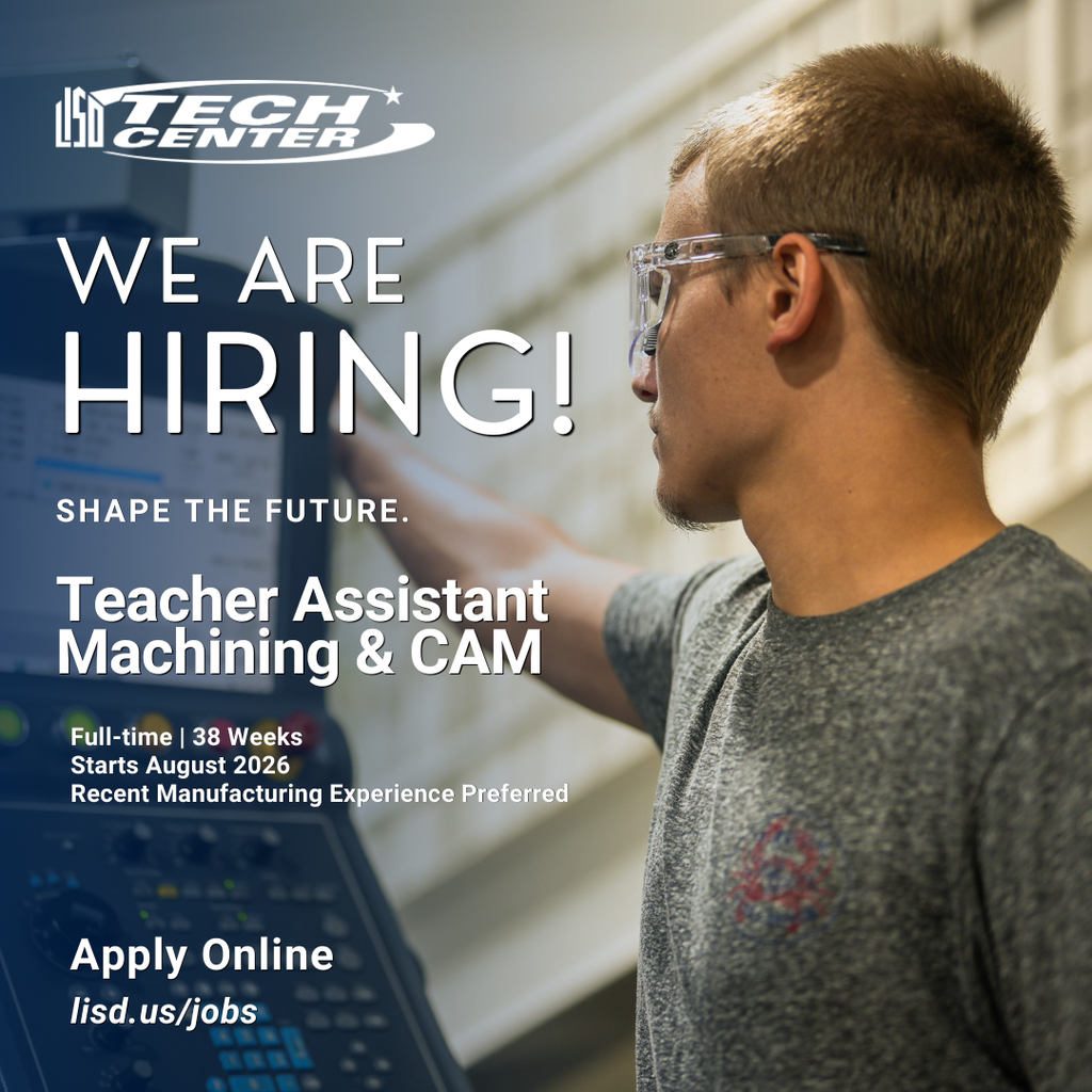 A job opening graphic with a machining and CAM student and information about the teacher assistant position