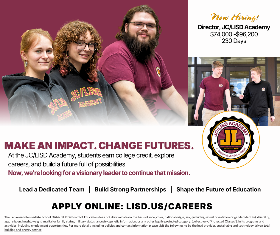 A graphic with photos of JC LISD Academy Students that states we are hiring for our Director position