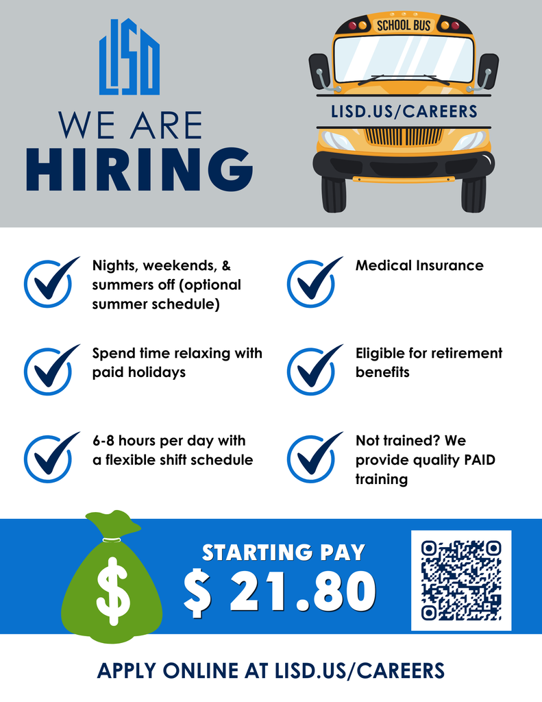 An image with a link to lisd.us/careers for our hiring of bus drivers