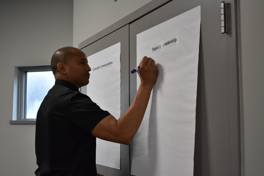 Onsted's superintendent writing on a blank sheet on the wall
