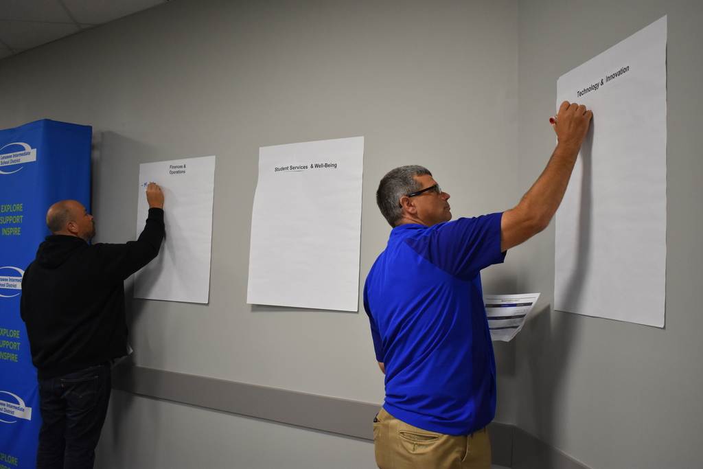 Adrian and Madison's superintendents writing on blank sheets on the wall