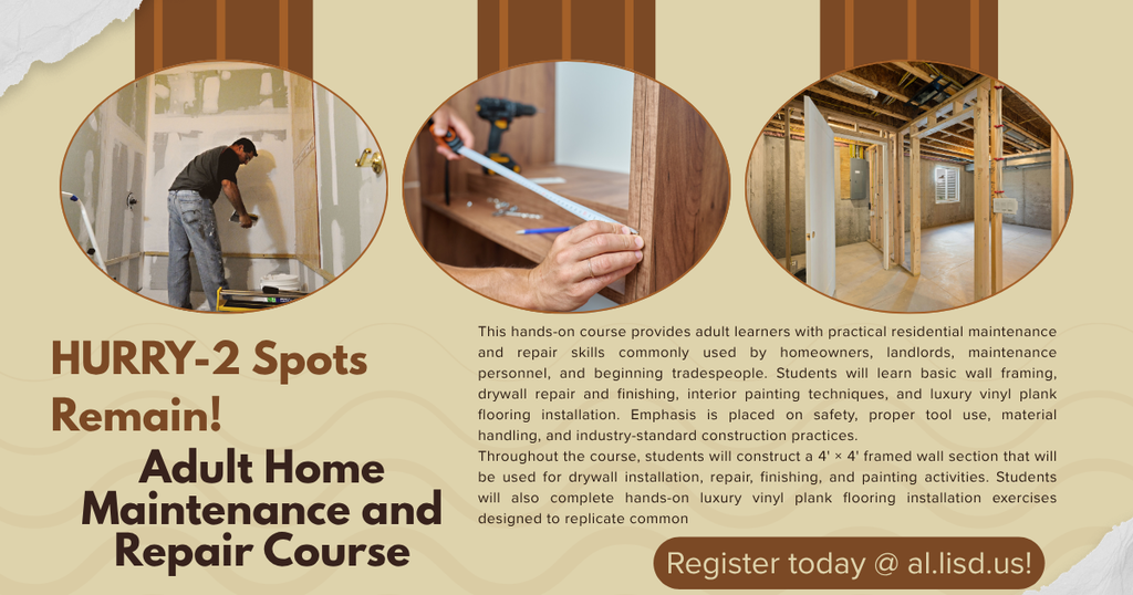 A flyer about Adult home maintenance course with pictures of measuring and framing walls and how register for the class .