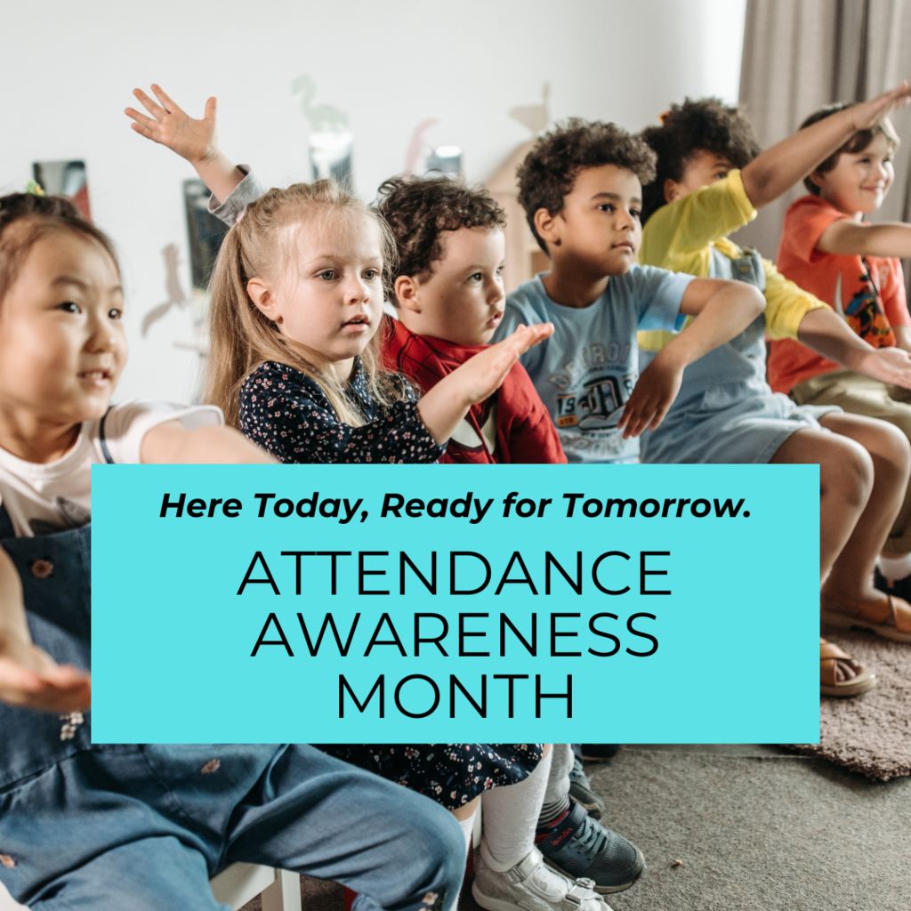 A photo of students motioning with their hands while seated in chairs on a graphic for Attendance Awareness month