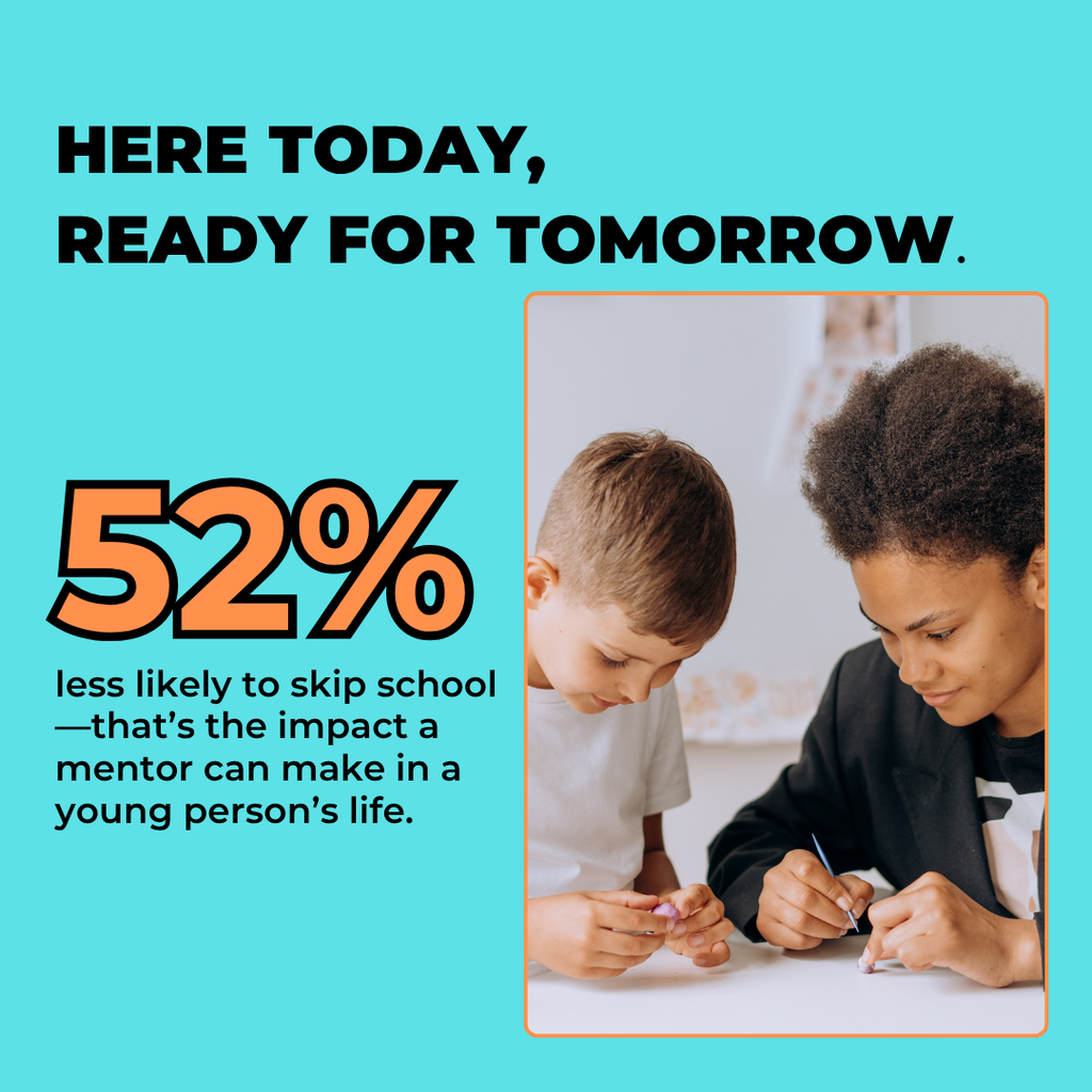 A graphic that states how a mentor impacts a students attendance featuring a photo of s student and mentor