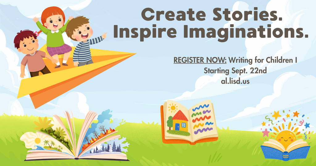 A colorful flyer for a writing for children course with pictures of books and kids flying on a paper airplane. Registration link is provided to learn more.