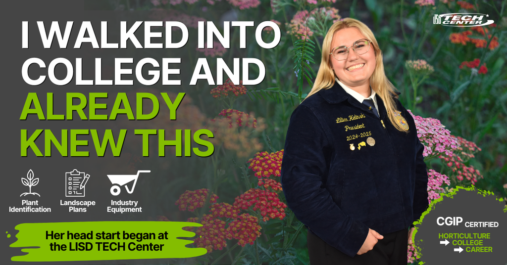 A graphic showing a photo of alum Lillian Helinski with information about her having earned a credential before even walking into college