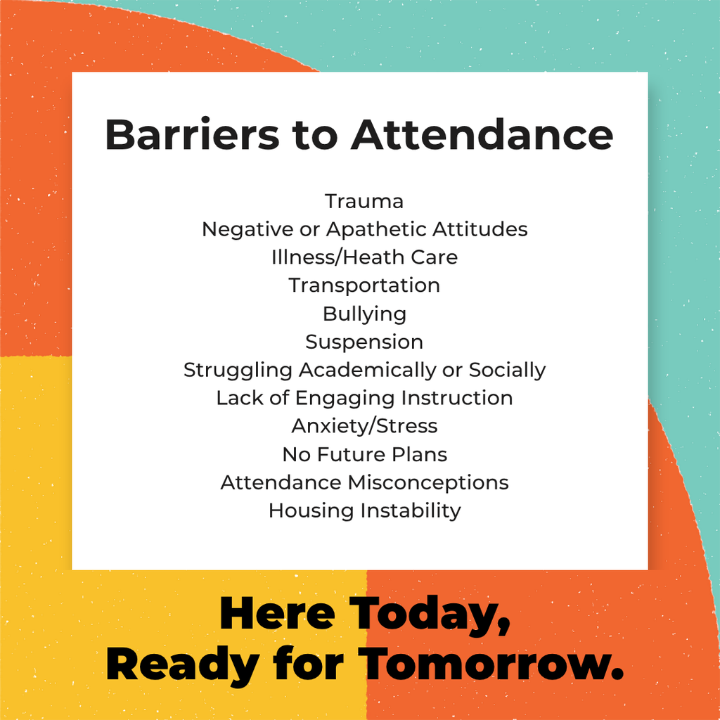Graphic listing common barriers to school attendance, including trauma, negative or apathetic attitudes, illness or health care needs, transportation, bullying, suspension, academic or social struggles, lack of engaging instruction, anxiety or stress, lack of future plans, attendance misconceptions, and housing instability. “Here Today, Ready for Tomorrow.”