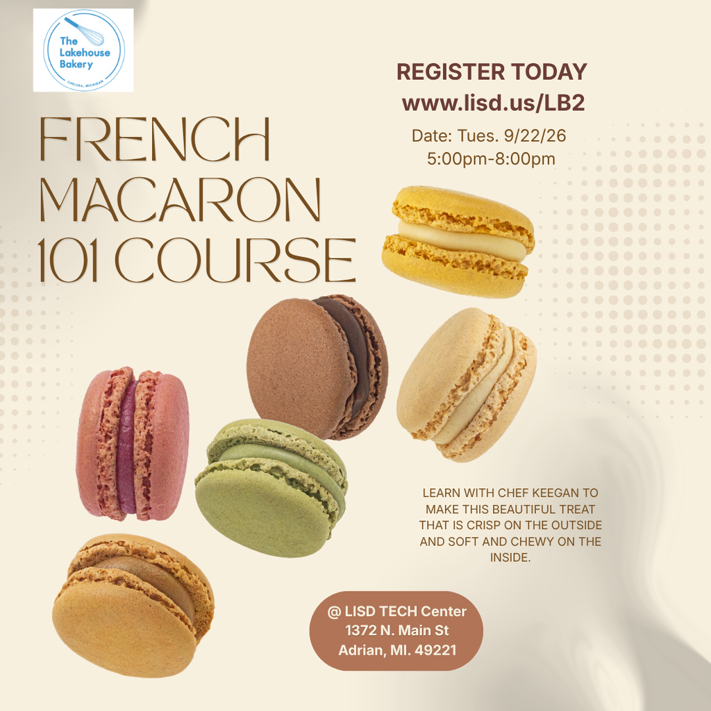A colorful flyer for a course on making French Macaron's with registration information