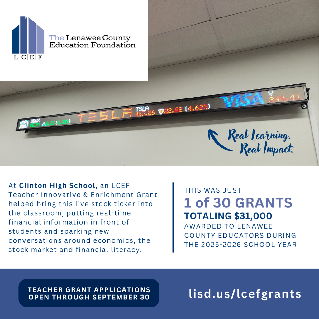 Graphic promoting Lenawee County Education Foundation Teacher Innovative & Enrichment Grants. A photo shows a live stock ticker installed in a Clinton High School classroom. The ticker, funded through an LCEF grant, provides students with real-time financial information to support learning about economics, the stock market and financial literacy. Text notes that it was one of 30 grants totaling $31,000 awarded to Lenawee County educators during the 2025–2026 school year. Teacher grant applications are open through September 30 at lisd.us/lcefgrants.
