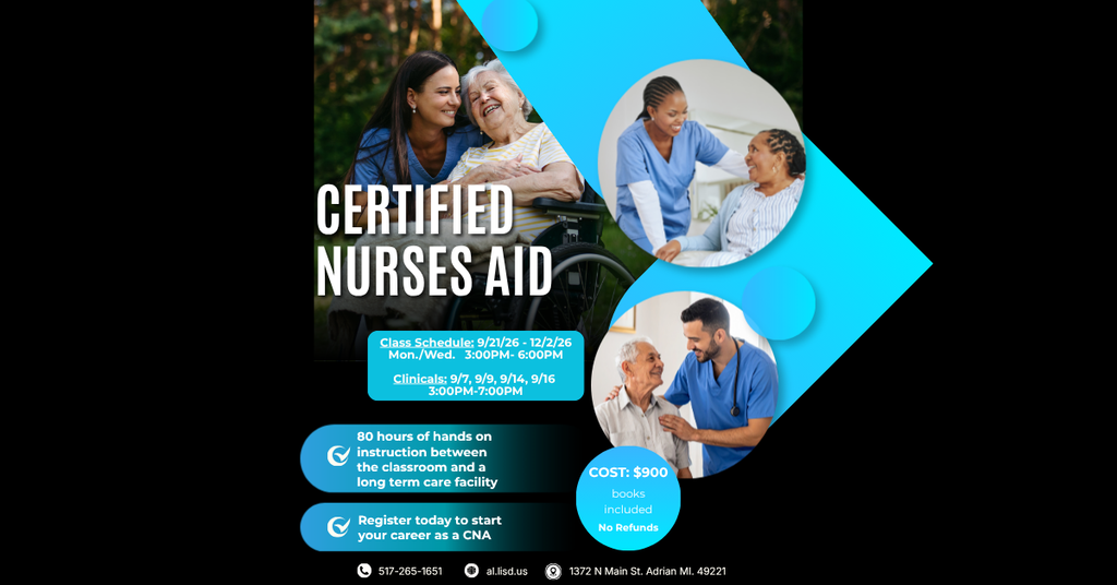A colorful flyer for a course to become a CNA with registration information
