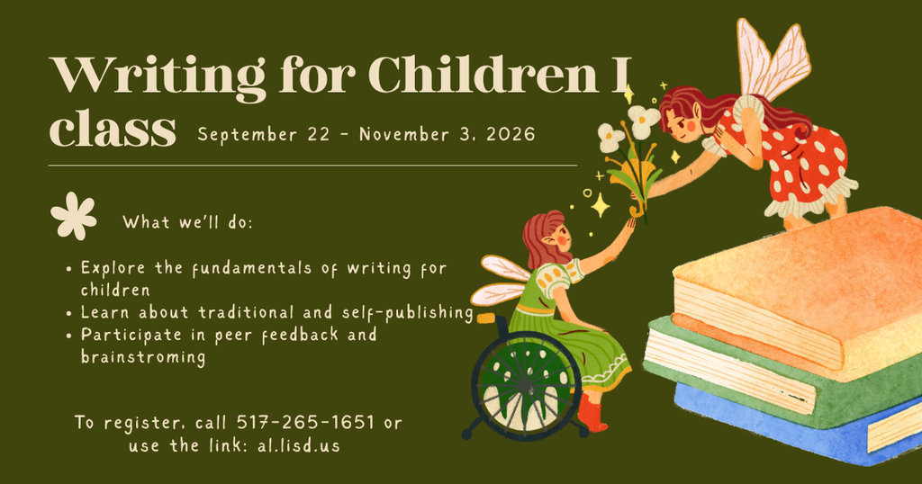 A colorful flyer for a writing for children course. Registration link is provided to learn more.