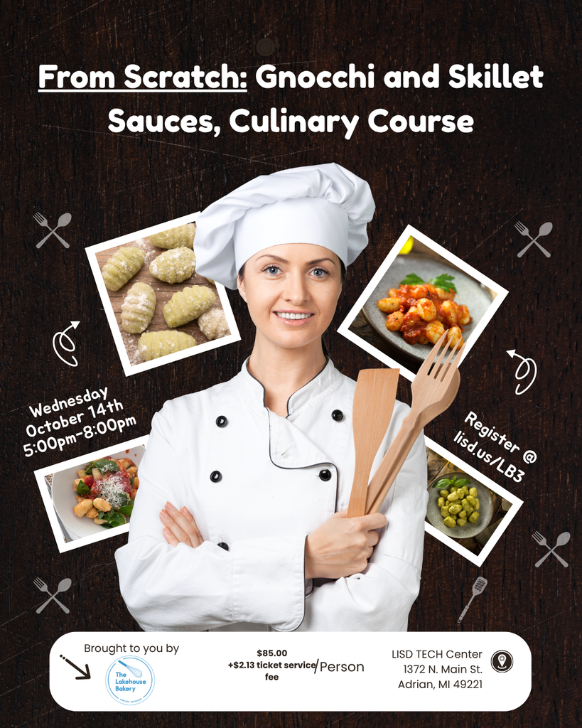 A flyer with information about a class for making homemade Gnocchi. Registration information and date and time of class included