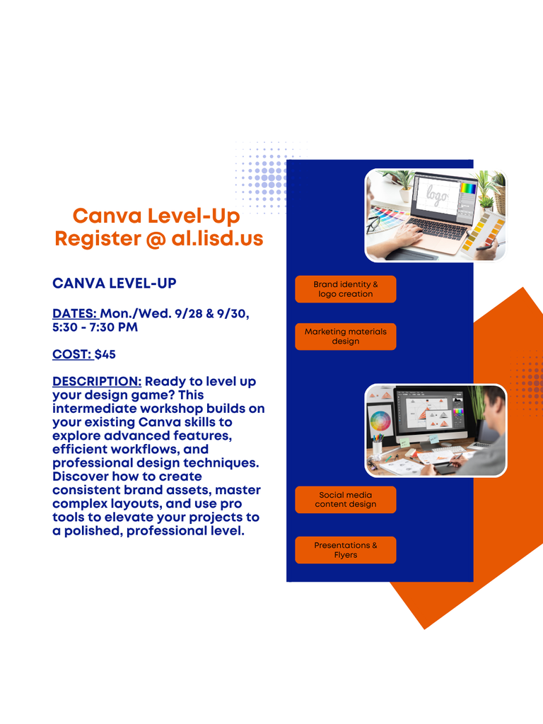 A colorful flyer for a course on enhancing your Canva skills. Information included to register, dates, and cost of the class.