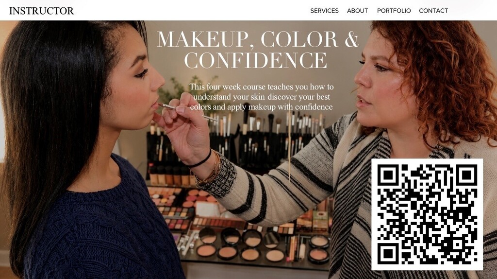 A flyer for a course on Makeup, color, and confidence. Includes a QR code to scan for more details.