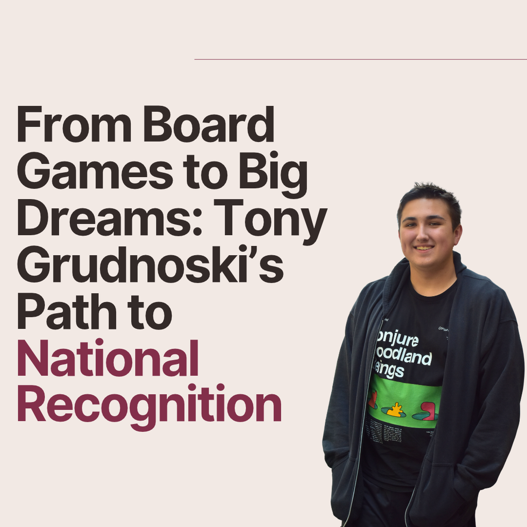 JC/LISD Academy student Tony Grudnoski smiles while standing against a light beige background. Large text reads, “From Board Games to Big Dreams: Tony Grudnoski’s Path to National Recognition,” with “National Recognition” highlighted in burgundy.