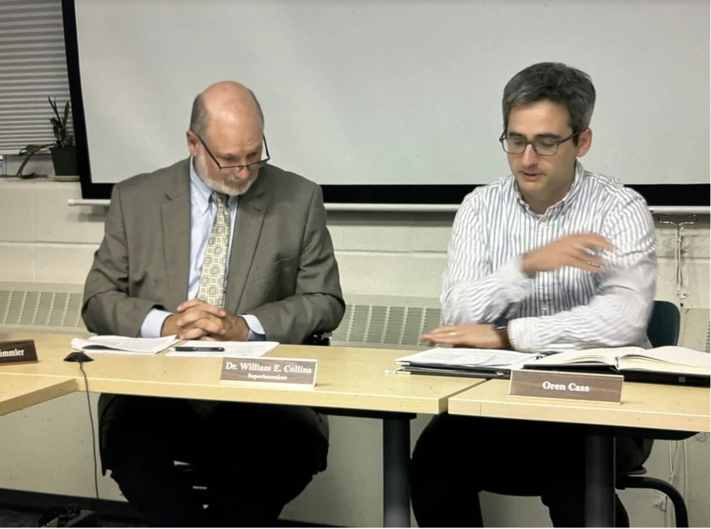 Lenox Schools Superintendent William Collins and School Committee Chairman Oren Cass during a meeting earlier this school year. Collins was graded exemplary by the committee's annual evaluation and his contract was extended for an additional two years through June 2029. He started his tenure in July 2023 COMMUNITY TELEVISION FOR THE SOUTHERN BERKSHIRES