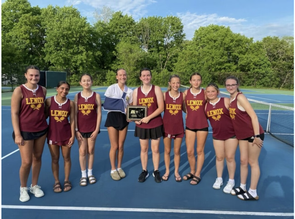Lenox girls tennis celebrates after winning its fourth consecutive WMass Class C finals on May 19, 2026 (Photo courtesy of Nicole Brooks