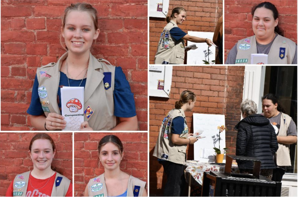Cadettes from Girl Scout Troop 64834 who established a school lunch composting program at Lenox Memorial Middle and High School for their Silver Award project. As part of the project the cadettes created an Instagram account and handed out educational pamphlets to residents in downtown Great Barrington. Photos courtesy of Amanda Hanlin-Hochler.