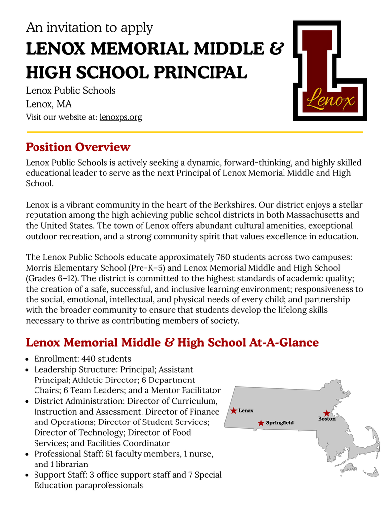 Invitation to Apply for Lenox Memorial Middle & High School Principal (page 1)