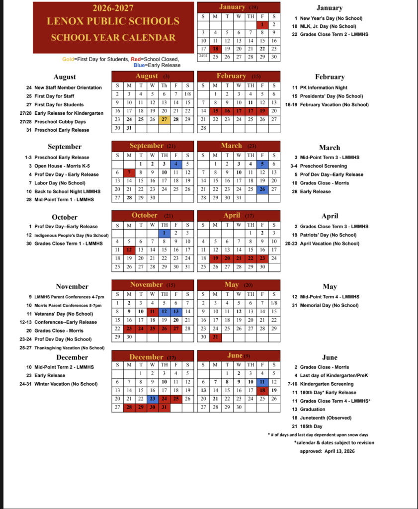 2026-2027 Lenox Public School Calendar