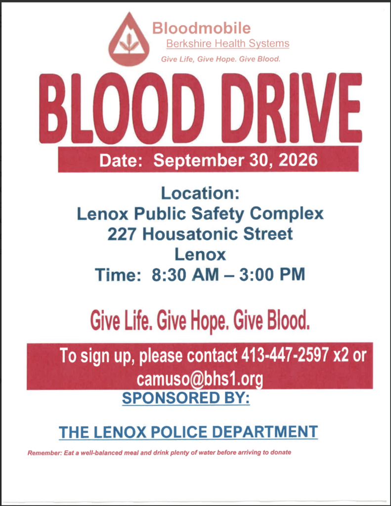 9/30/26 Blood Drive @ Lenox Public Safety Complex