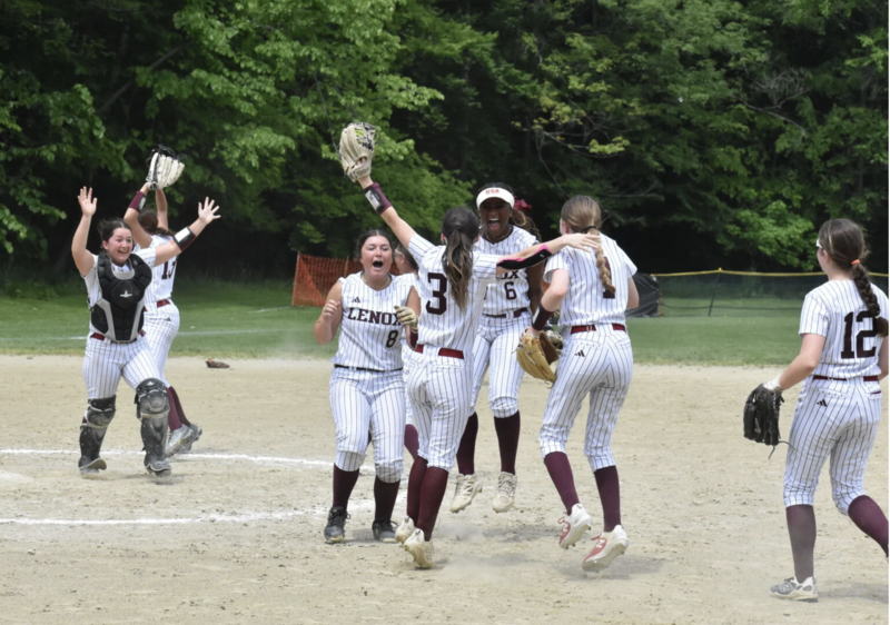 The Lenox softball team celebrates after defeating Hoosac Valley in the MIAA Division V State Quarterfinals to reach the Final Four for the first time. 