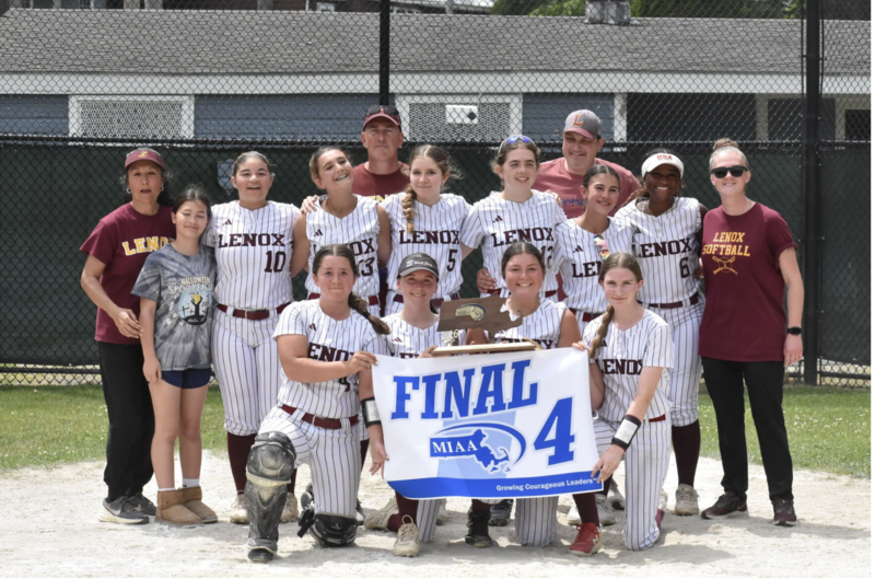 The Lenox softball team with its Final Four trophy after reaching the state semifinals for the first time in program history.   JESSE KOLODKIN — THE BERKSHIRE EAGLE