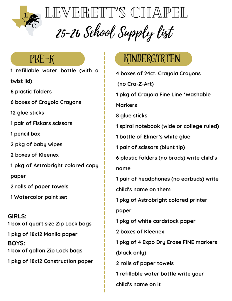 School supply list for Pre-K and Kindergarten