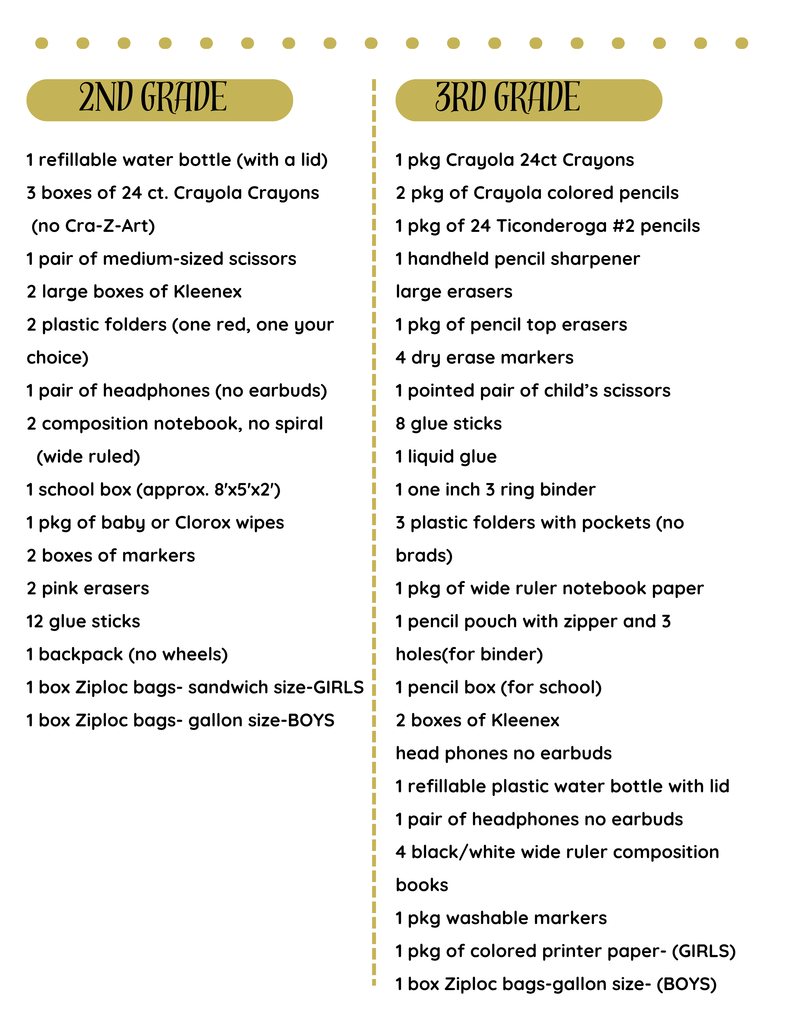School supply list for 2nd and 3rd grade