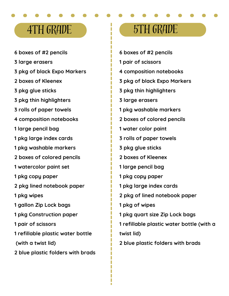 School supply list for 4th and 5th grade