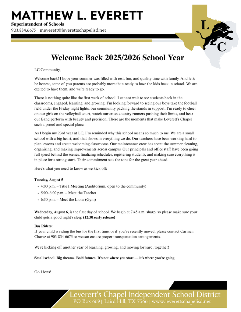 Welcome back to school letter from Superintendent Matthew Everett