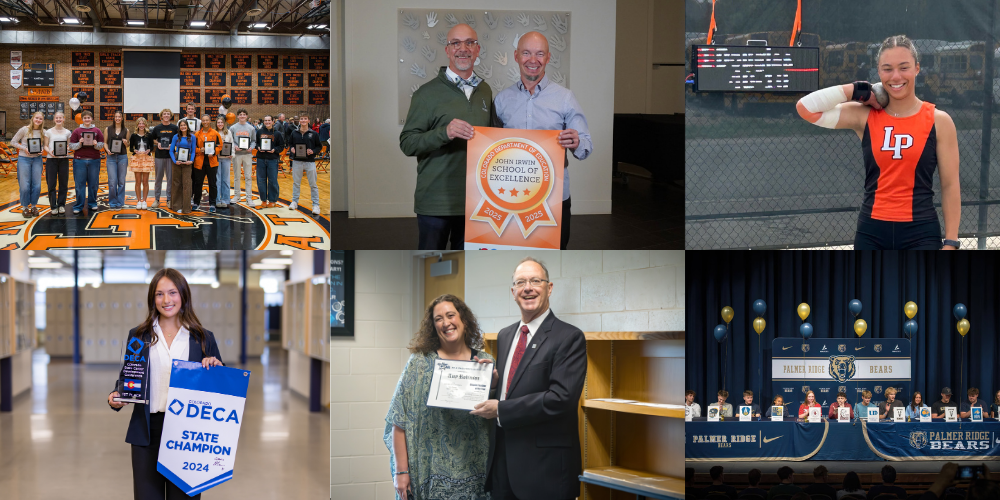 D38 students and teachers posing for pictures holding different awards