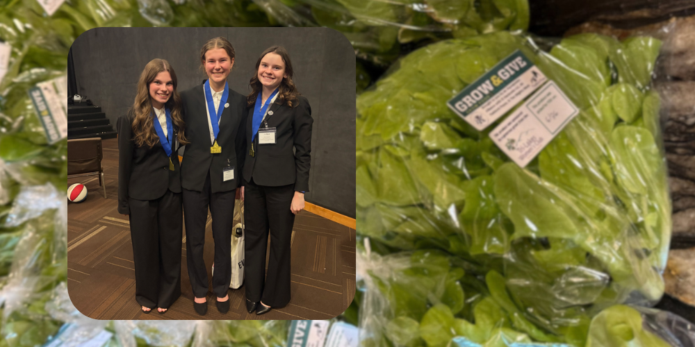 Annelyse, Addie, and Katie imposed over a picture of lettuce