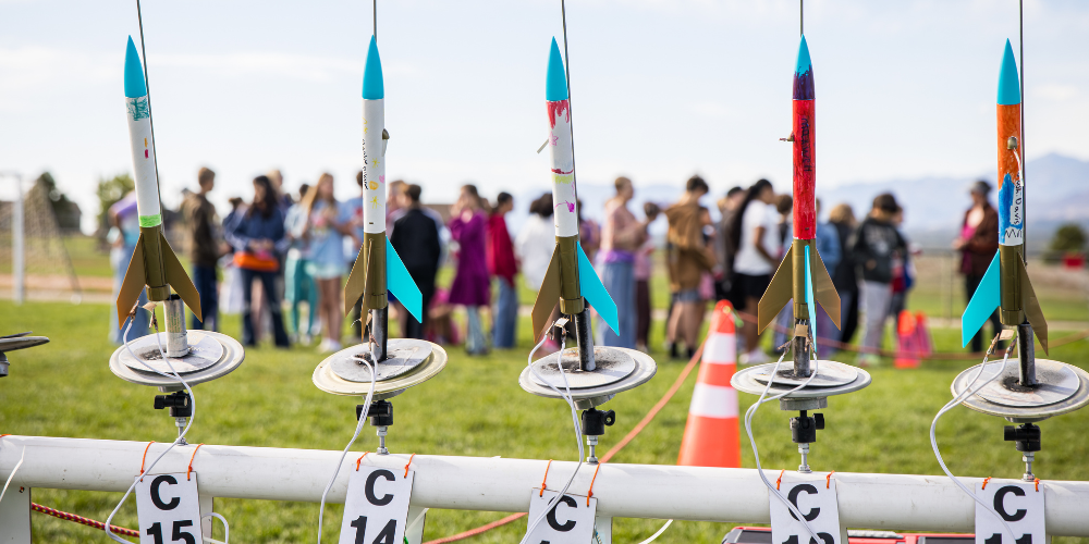 Rockets line up and ready to launch on 5th Grade Rocket Day at Bear Creek Elementary
