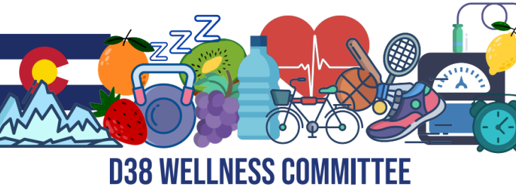 Text: D38 Wellness Committee.  Graphics: Colorado flag, mountain range, athletic equipment, fruits, heart, scale
