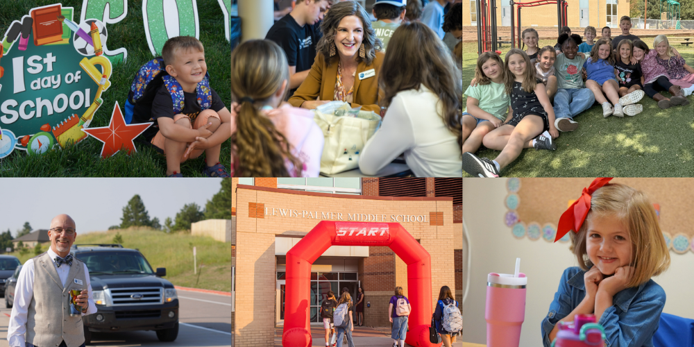 A collage of pictures of students and teachers on the first day of school