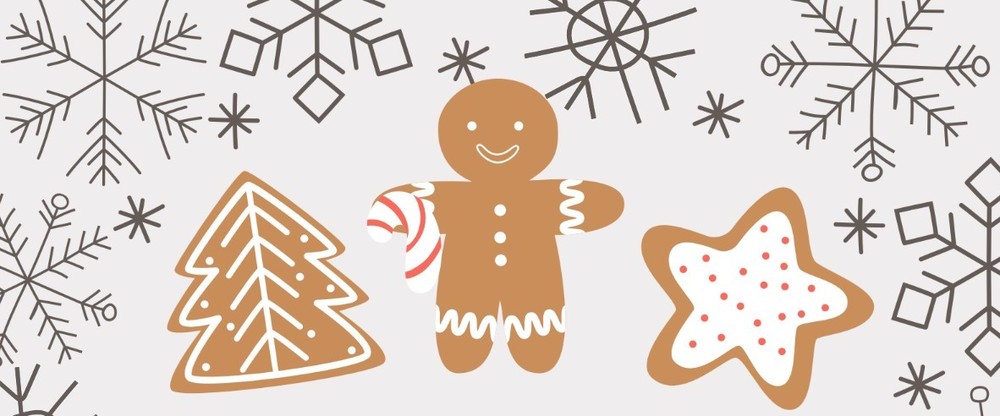 Picture of 3 gingerbread cookies (1 tree, 1 gingerbread man, 1 star) surrounded by line drawings of snowflakes