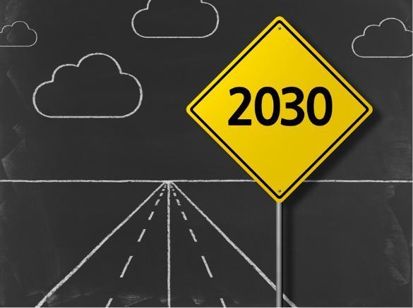 Picture of a chalkboard with a drawing of a road going off into the distance and a road sign that says 2030