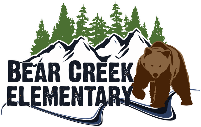 Bear Creek Logo: Bear walking along a stream in front of a mountain range.