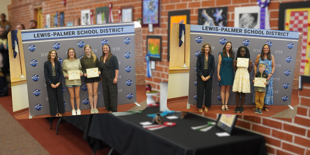 Images of best in show winners imposed over an image of winning artworks