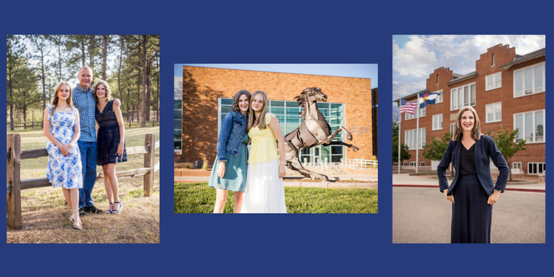 Amber Whetstine in three pictures, first with her husband and daughter, second with just her daughter,  third is standing by herself in front of the D38 admin building