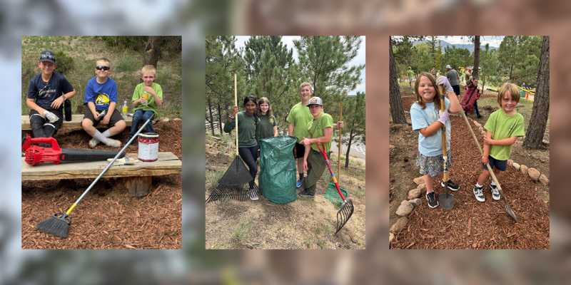 Three pictures of LPES students posing for pictures while holding rakes and other tools