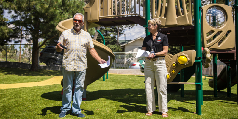 Palmer Lake Mayor Dennis Stern and Palmer Lake Elementary Kim Briding speak at the ribbon cutting ceremony