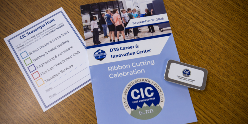 Program, scavenger hunt card, and swag handed out during ribbon cutting ceremony for D38 Career & Innovation Center