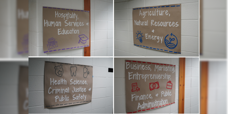 Posters describing the different fields presenters at Career Day work in