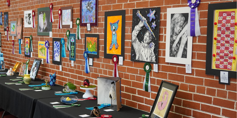 Winning art works hung on the wall and displayed on a table