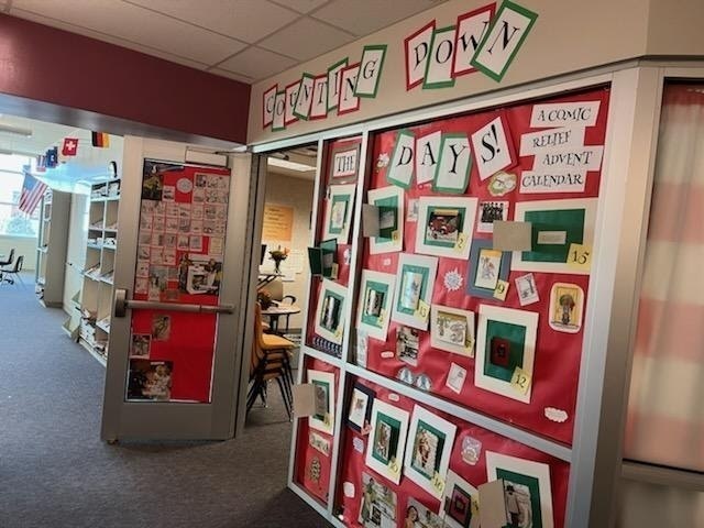 wall with Christmas art counting down to Christmas break