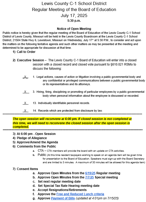 Image of the Agenda for the 7/17/25 Board Meeting for the month of July (a link to the full agenda is included in the post)