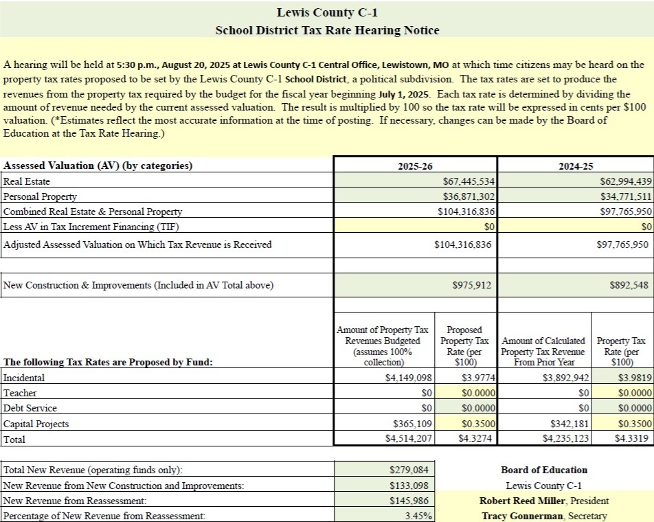 Image of the Lewis County C-1 School District Tax Rate Hearing Notice for the 2025-2026 School Year (the full notice is linked in the post).